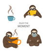 The story of one sloth. Morning cofee. Funny cartoon sloths in different postures set