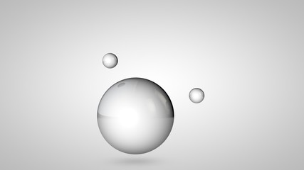 Poster - 3D illustration of black and white balls, one large and two small balls. Spheres in the air, isolated on a white background. 3D rendering of an abstraction. Space with geometric, round objects.