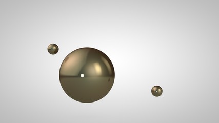 Poster - 3D illustration of bronze, gold, shiny balls, one large and two small balls. Spheres in the air, isolated on a white background. 3D rendering of an abstraction. Space with geometric, round objects.