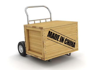 Poster - Wooden crate with Made in China on Hand Truck. Image with clipping path