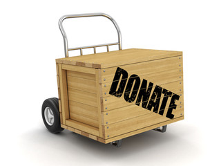 Poster - Wooden crate with donate on Hand Truck. Image with clipping path