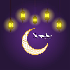 Wall Mural - Ramadan kareem greeting card design. with arabic lanterns and golden ornate crescent. on purple background, EPS 10 - vector, Jpeg High Resolution 300 DPI