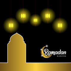 Wall Mural - Ramadan kareem greeting card design. with golden ornate crescent and mosque dome. on black background, EPS 10 - vector, Jpeg High Resolution 300 DPI