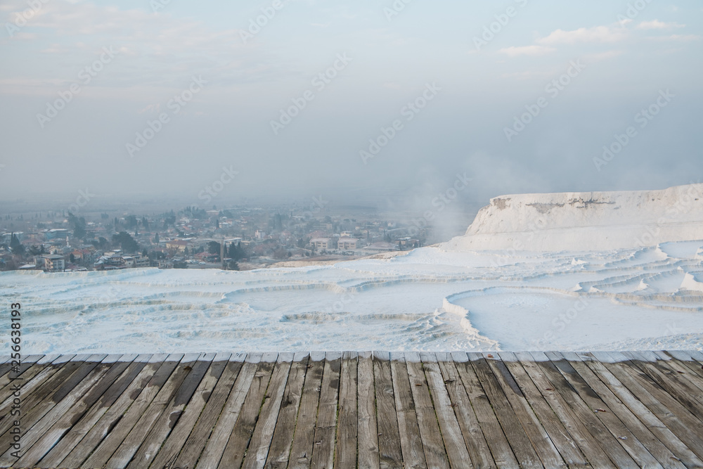 Wooden broad walkway to see the iconic scene view of Travertine Hot ...