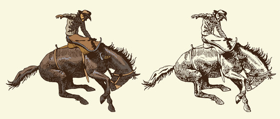 Print cowboy riding a wild horse mustang rounding a kicking horse on a rodeo graphic sketch sketching graphics