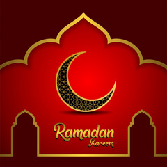 Wall Mural - Ramadan kareem greeting card design. with golden ornate crescent and mosque dome. on red background, EPS 10 - vector, Jpeg High Resolution 300 DPI