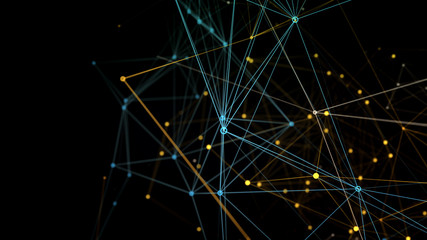 Poster - Colourful network 3d illustration, blue and yellow orange lines and dots connected