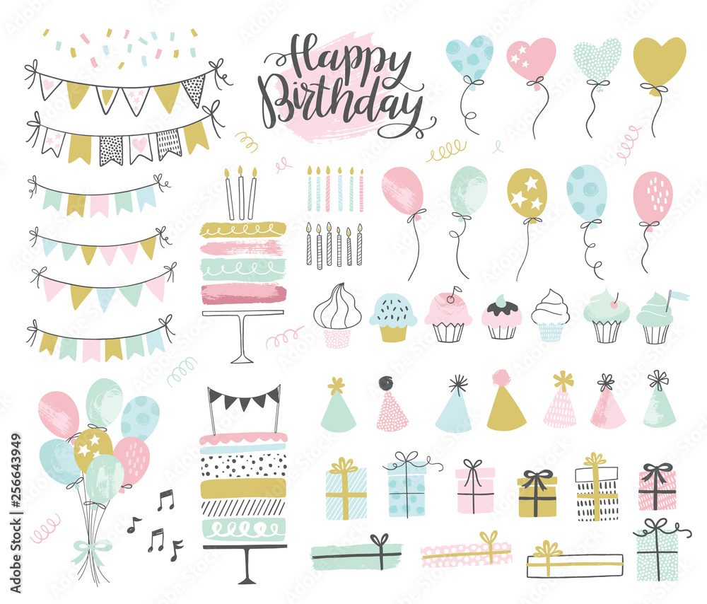 Set of birthday party design elements. Vector illustrations. Party decoration, balloons, gift box, cake with candles, confetti, party hats, cupcakes, bunting banners. - obrazy, fototapety, plakaty 