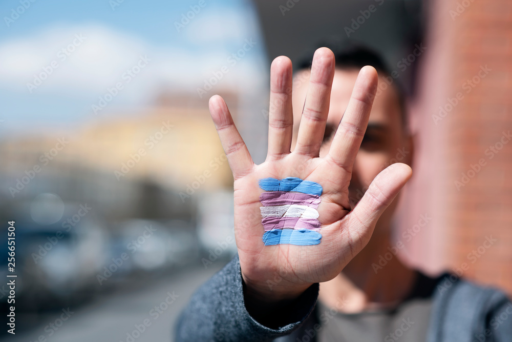 transgender flag in the palm of the hand. - obrazy, fototapety, plakaty 