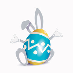 Wall Mural - Cute gray Easter Bunny behind colored ornamented egg isolated on a white background,vector illustration for holiday greeting