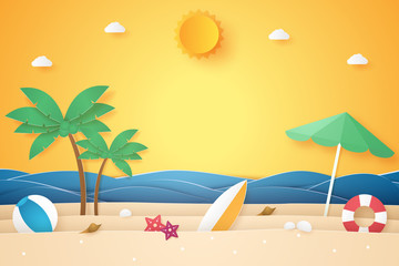 Wall Mural - Summer time , sea and beach with coconut tree and stuff , paper art style