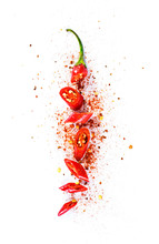 Red Chili Pepper, Cut Into Pieces And Isolated On White Background. Hot Spice, Red Chili Pepper And Chili Powder. 