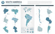 Vector maps set.  High detailed 11 maps of South America countries with administrative division and cities. Political map, map of America  continent, world map, globe, infographic elements.
