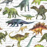 Fototapeta Dinusie - Hand drawn seamless pattern with dinosaurus. Dino pattern realistic. Children boy wallpaper background.