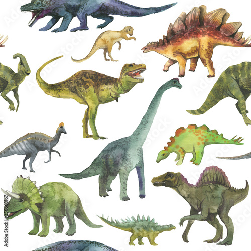 Obraz w ramie Hand drawn seamless pattern with dinosaurus. Dino pattern realistic. Children boy wallpaper background.