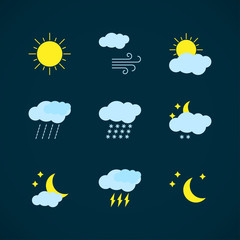 set of modern weather icons. flat collection of symbols of different weather isolated on dark blue t