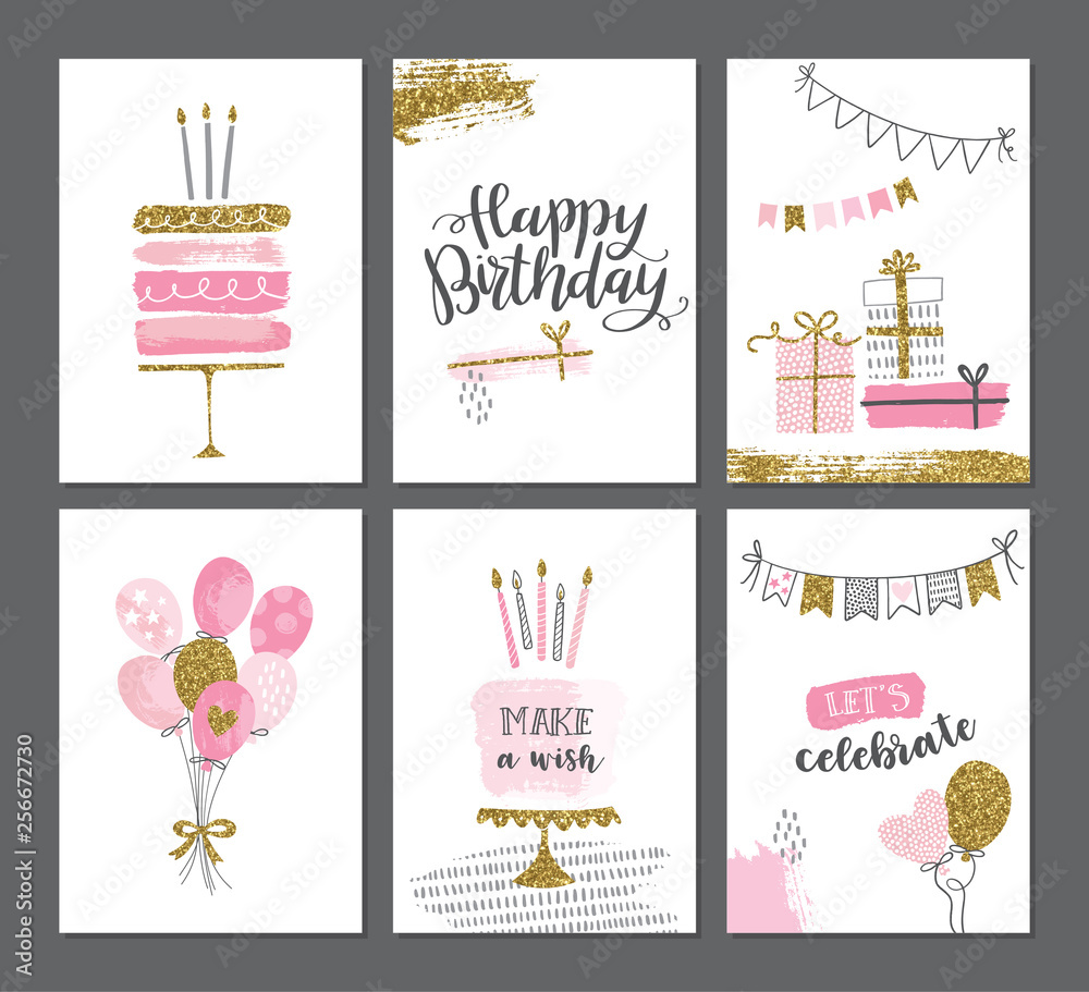 Happy birthday greeting card and party invitation templates with gold glitter. Women birthday vector illustration, hand drawn style. - obrazy, fototapety, plakaty 