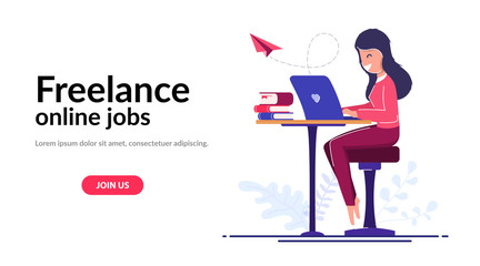 Poster - Freelancer worker concept. Online learning. A freelance girl does work from home or anywhere in the world. On the background of books and paper aircraft.