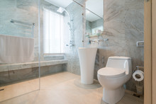 Luxury Bathroom Features Basin, Toilet Bowl In The House Or Home Building