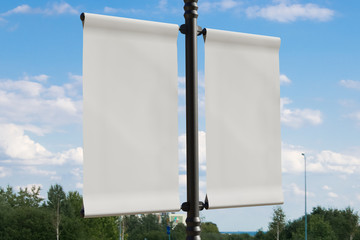 Wall Mural - 3d rendering of blank flag banner (empty advertisement) with clouds. empty mockup template