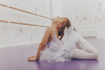 Wall Mural - Adorable little ballerina exercising at ballet school. Cute young girl wearing leotard and tutu, stretching during ballet lesson, copy space. Health, sports, kids gymnastics concept