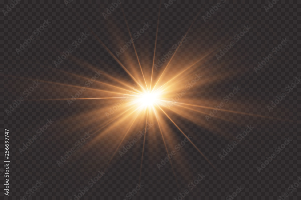 White glowing light explodes on a transparent background. with ray.  Transparent shining sun, bright flash.  Special lens flare light effect. - obrazy, fototapety, plakaty 