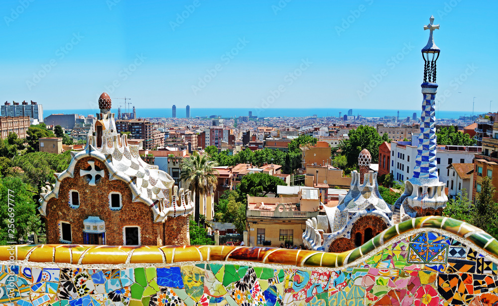 Park Guell by Antonio Gaudi, Barcelona, Spain - obrazy, fototapety, plakaty 