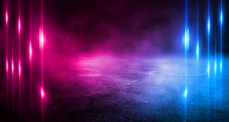Poster - Background empty street at night. Wet asphalt, reflection of neon multi-colored light. Fog, smoke
