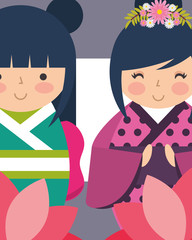 Wall Mural - sweet japanese kokeshi dolls in kimono