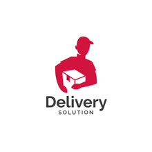 Delivery Solution Logo Design. Delivery Service, Delivery Express Logo Design. Delivery Man Courier Holding Box, Logo Design Vector Template Negative Space Style - Vector