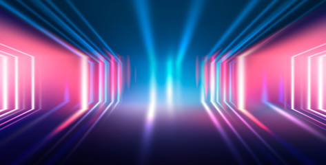 Background wall with neon lines and rays. Background of an empty dark corridor with neon light. Abstract background with lines and glow.