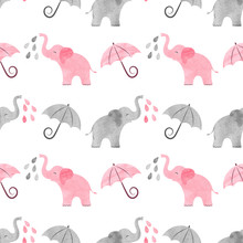 Cute Pattern With Watercolor Elephants And Umbrellas. Vector Background For Kids.