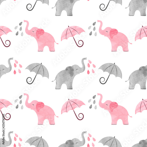 Cute pattern with watercolor elephants and umbrellas. Vector background for k...