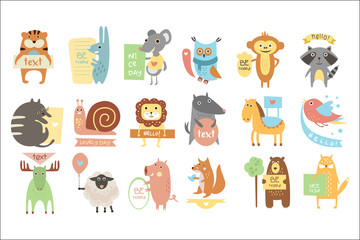 Sticker - Colorful set of different animals with stickers, plates and ribbons with place for your text. Isolated flat vector design for children book