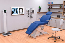 Doctor Office Or Examination Room In A Hospital  Blue Chair X Ray View. Medical Healthcare Background.