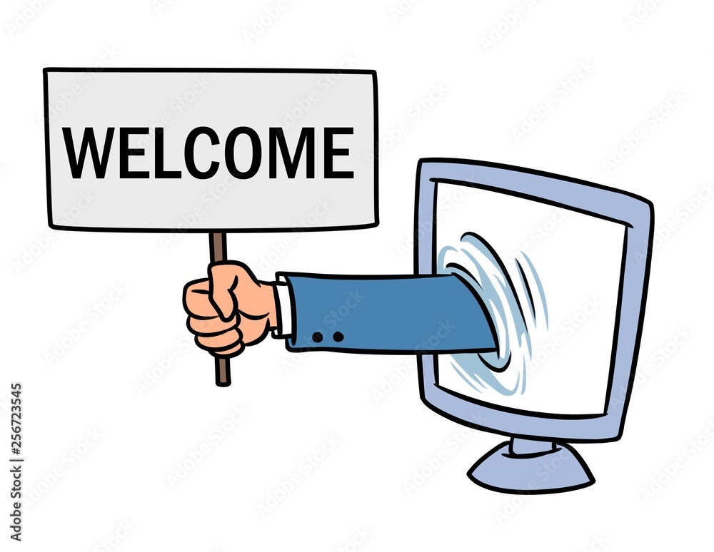 Computer website welcome hand sign cartoon illustration isolated image ...