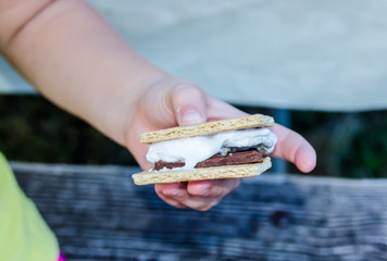 Smore's, a delicious sweet treat with roasted marshmallow, graham cracker and chocolate. Young child's hand holding a smore that was fixed outdoors over a campfire while camping. Fun creative eating w