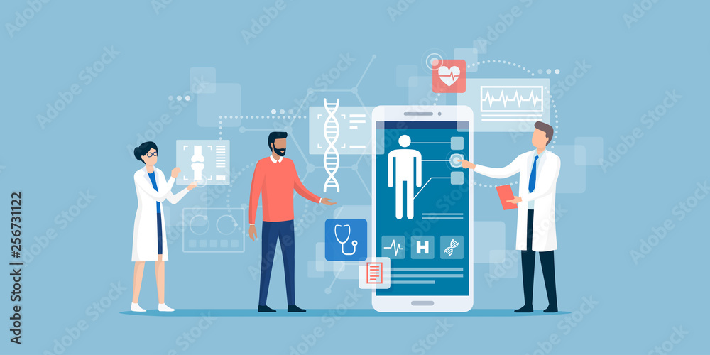 Doctors examining a patient using a medical app - obrazy, fototapety, plakaty 