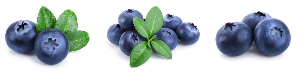 Wall Mural - fresh blueberry with leaves isolated on white background closeup. Set or collection