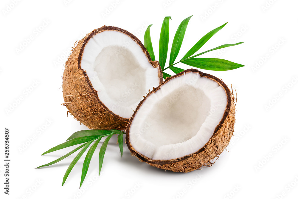 half of coconut with leaves isolated on white background - obrazy, fototapety, plakaty 