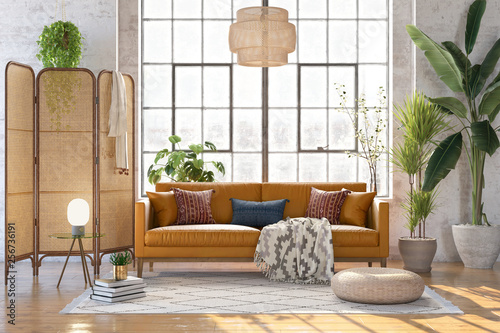 Fotografía 3d rendering of a boho living room