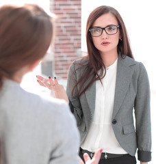 Poster - business woman talking to an office worker