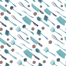 Cleavers With Knifes And Other Kitchen Untensils Seamless Pattern - Hand Drawn Illustration
