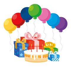 Sticker - gift box present with balloons helium and sweet cake