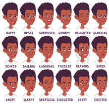 Black African American Boy's Facial Emotions Set. Cartoon Style Vector Illustration. 18 Different Expressions. Easy To Modify, Animate And Edit. Isolated On White Background 