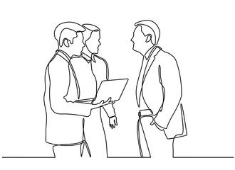 Wall Mural - continuous line drawing of business partners discussing documents and ideas at meeting.Three businessman using notebook computer for analyse and improve their business.