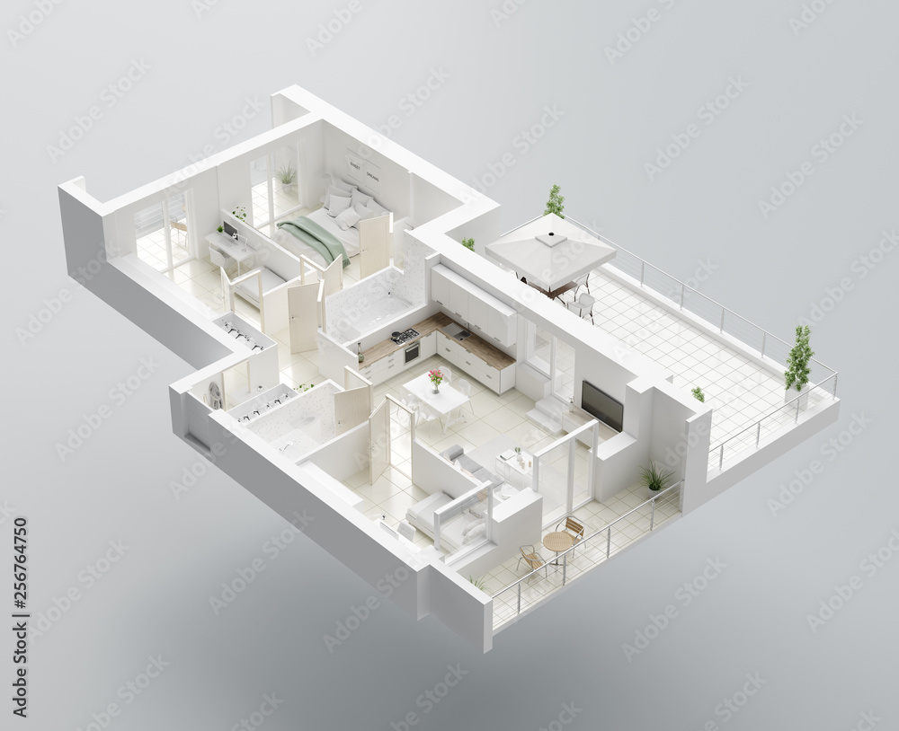 3D Floor plan of a home, 3D illustration. Open concept living apartment ...