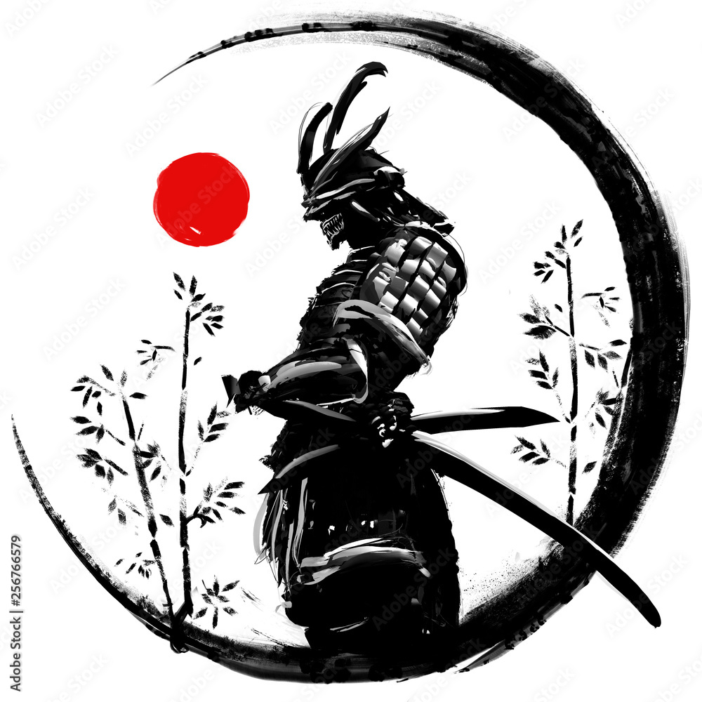 Fotografie, Obraz Illustration of a Japanese warrior in an ink circle with a red sun