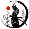canvas print picture - Illustration of a Japanese warrior in an ink circle with a red sun