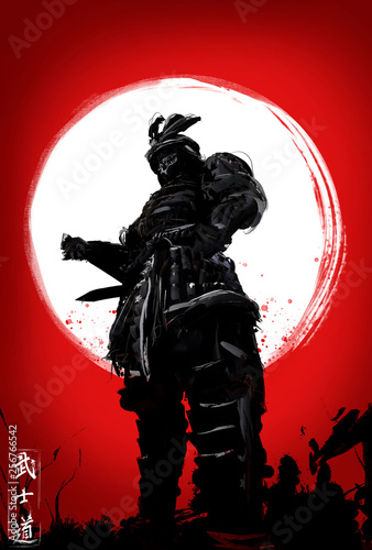 Obraz na plátně Creepy samurai stands in a dynamic perspective on the background of a bloody sun